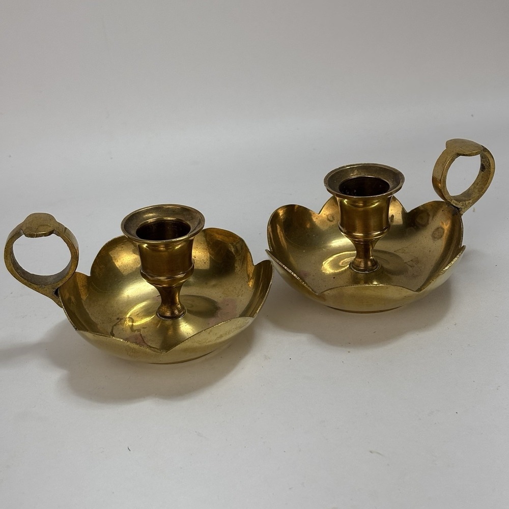 Vintage solid brass chamberstick candle holders (2) Scalloped Flower Shaped